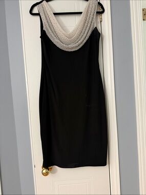 Cachet Black Midi Dress with Ivory Pearl-Embellished Cowl